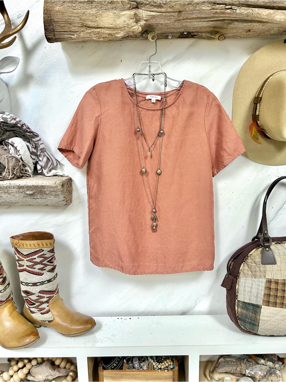 Terra-cotta Clay linen blend Short-Sleeve Top w cottagecore resort vacay vibe
